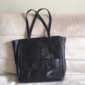 Large Tory Logo Black Leather Tote